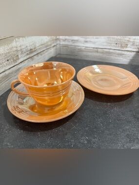Vintage Anchor Hocking/Fire King Peach Lustre “Three Bands” teacup & 2 saucers